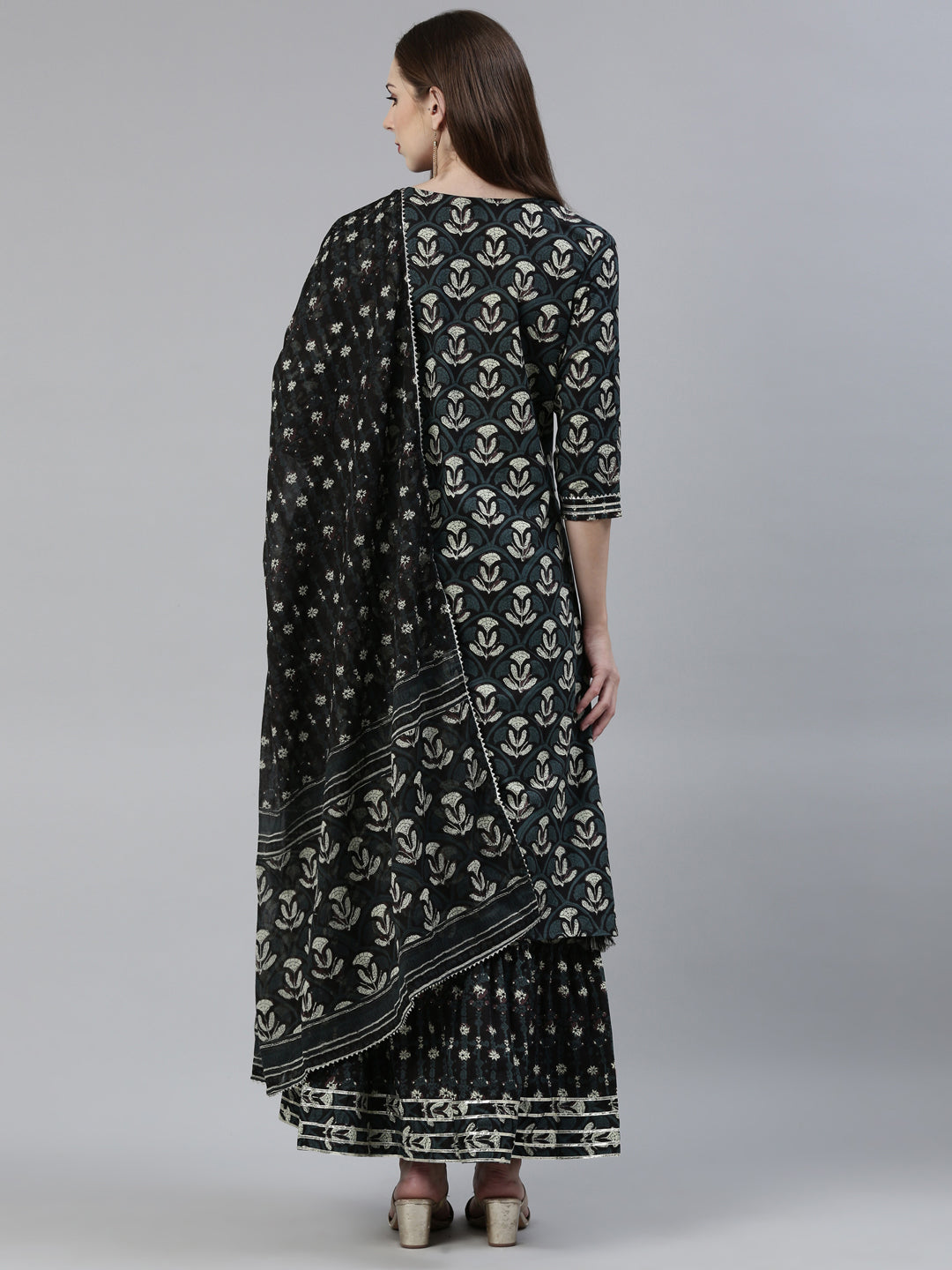 Neerus Grey cotton printed kurta sharara set with dupatta - side view
