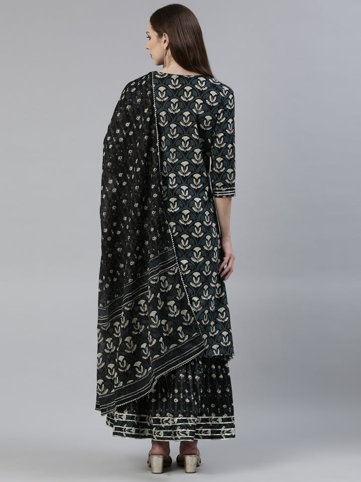 Neerus Grey cotton printed kurta sharara set with dupatta - side view
