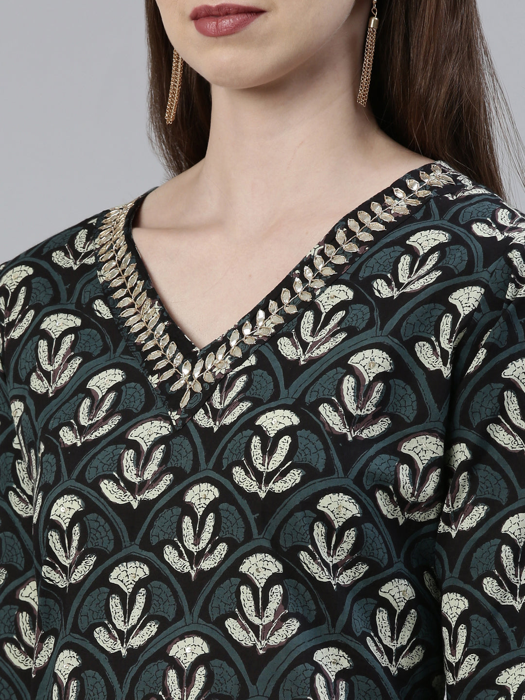 Neerus Grey cotton printed kurta sharara set with dupatta - detail view 1