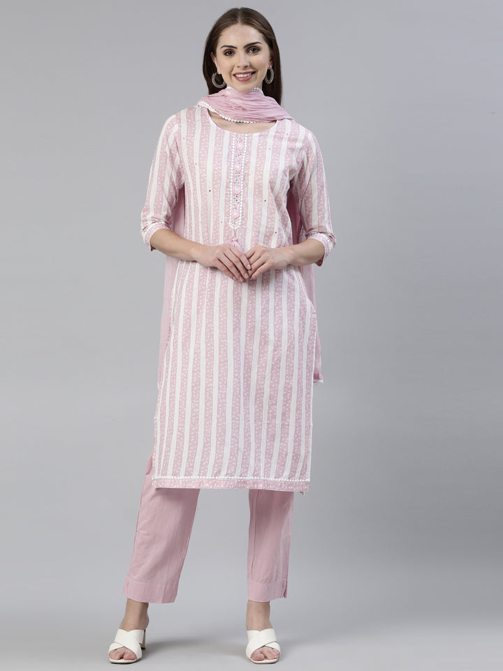 Neerus Pink solid straight kurta set with trouser and dupatta - front view