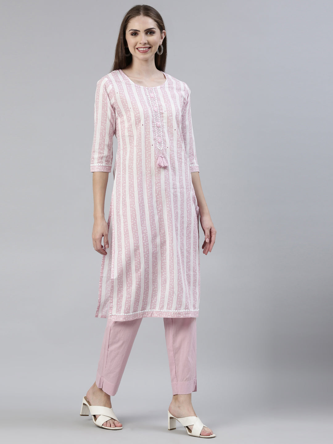 Neerus Pink solid straight kurta set with trouser and dupatta - back view