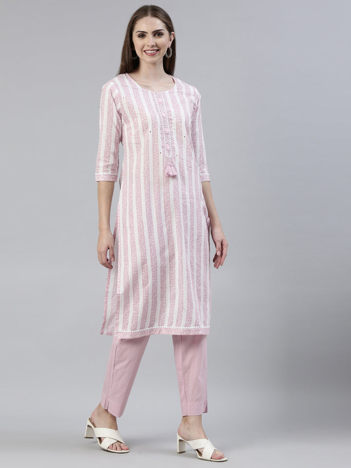 Neerus Pink solid straight kurta set with trouser and dupatta - back view
