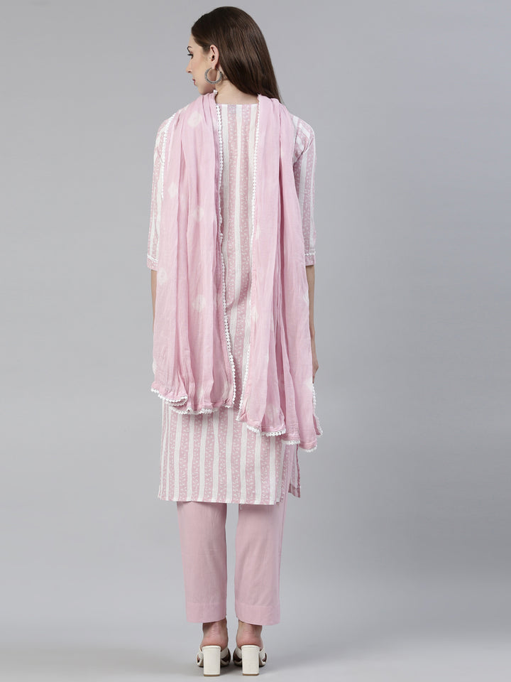 Neerus Pink solid straight kurta set with trouser and dupatta - side view