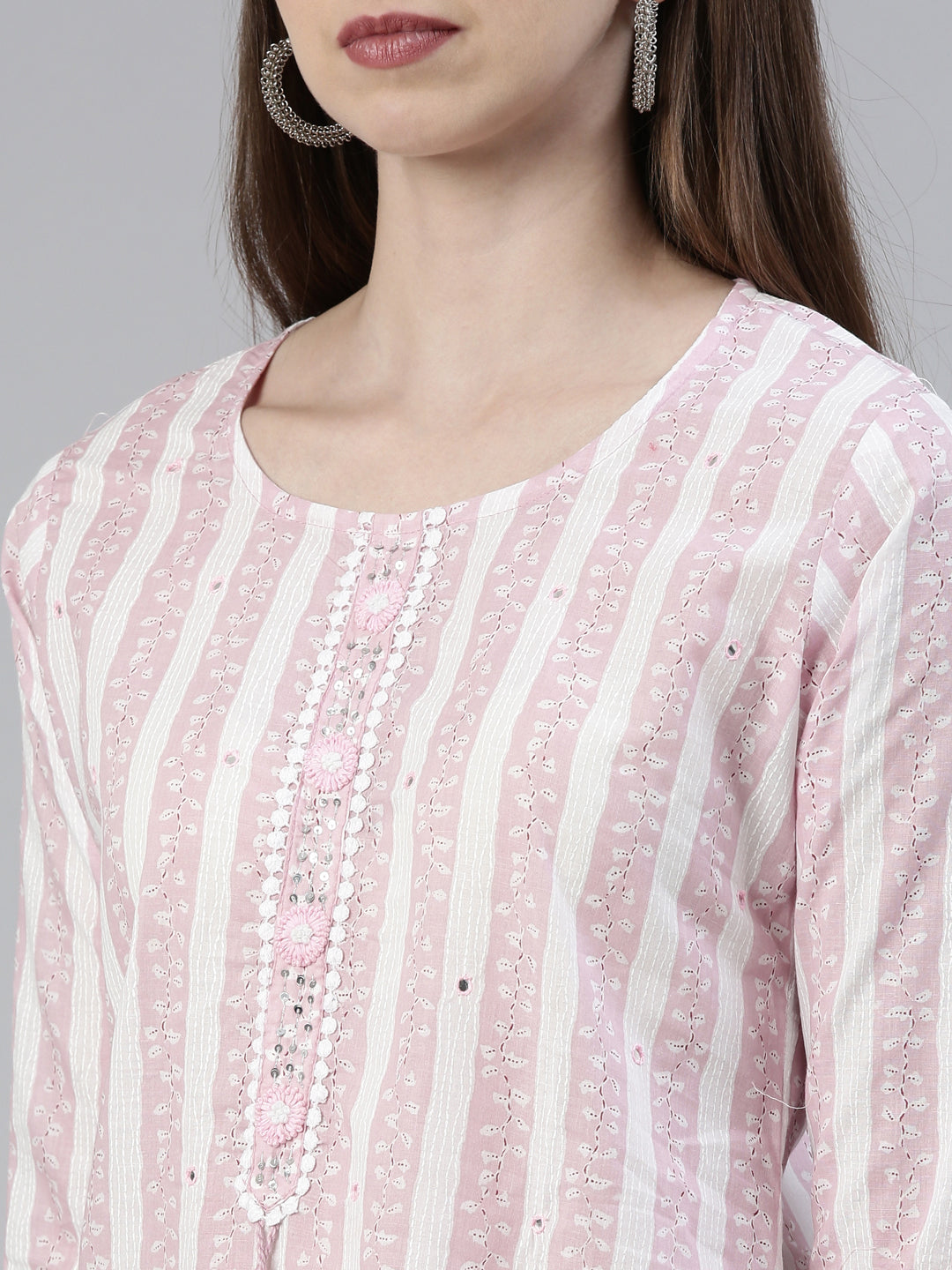 Neerus Pink solid straight kurta set with trouser and dupatta - detail view 1