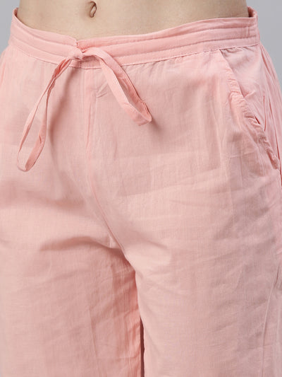 Neeru's Peach Regular Knee Length Solid Kurta Solid Trousers With Dupatta