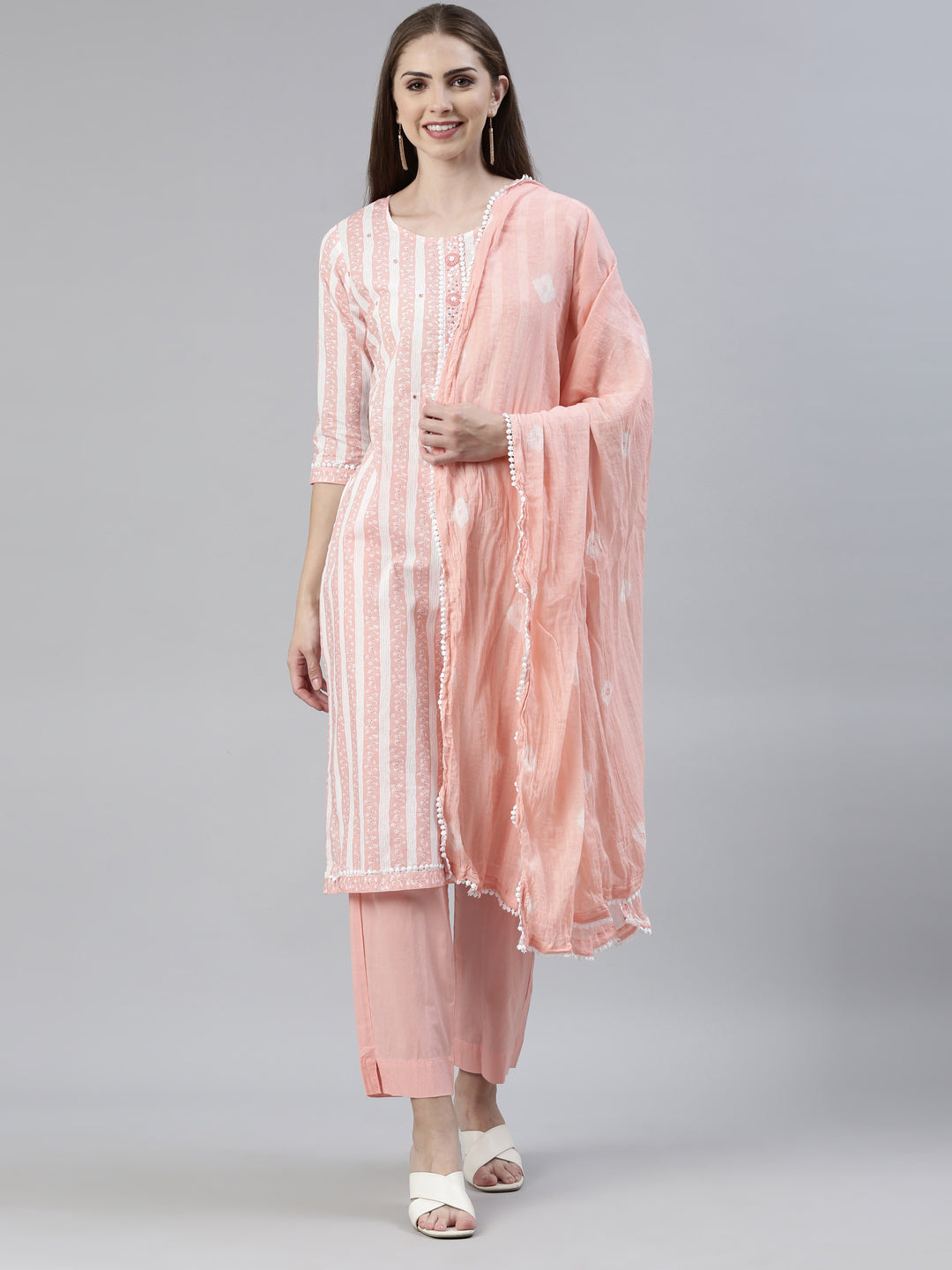 Neerus Peach Regular Knee Length Solid Kurta Solid Trousers With Dupatta