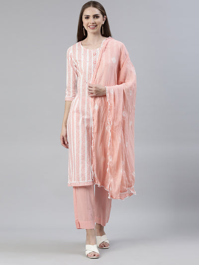 Neerus Peach Regular Knee Length Solid Kurta Solid Trousers With Dupatta