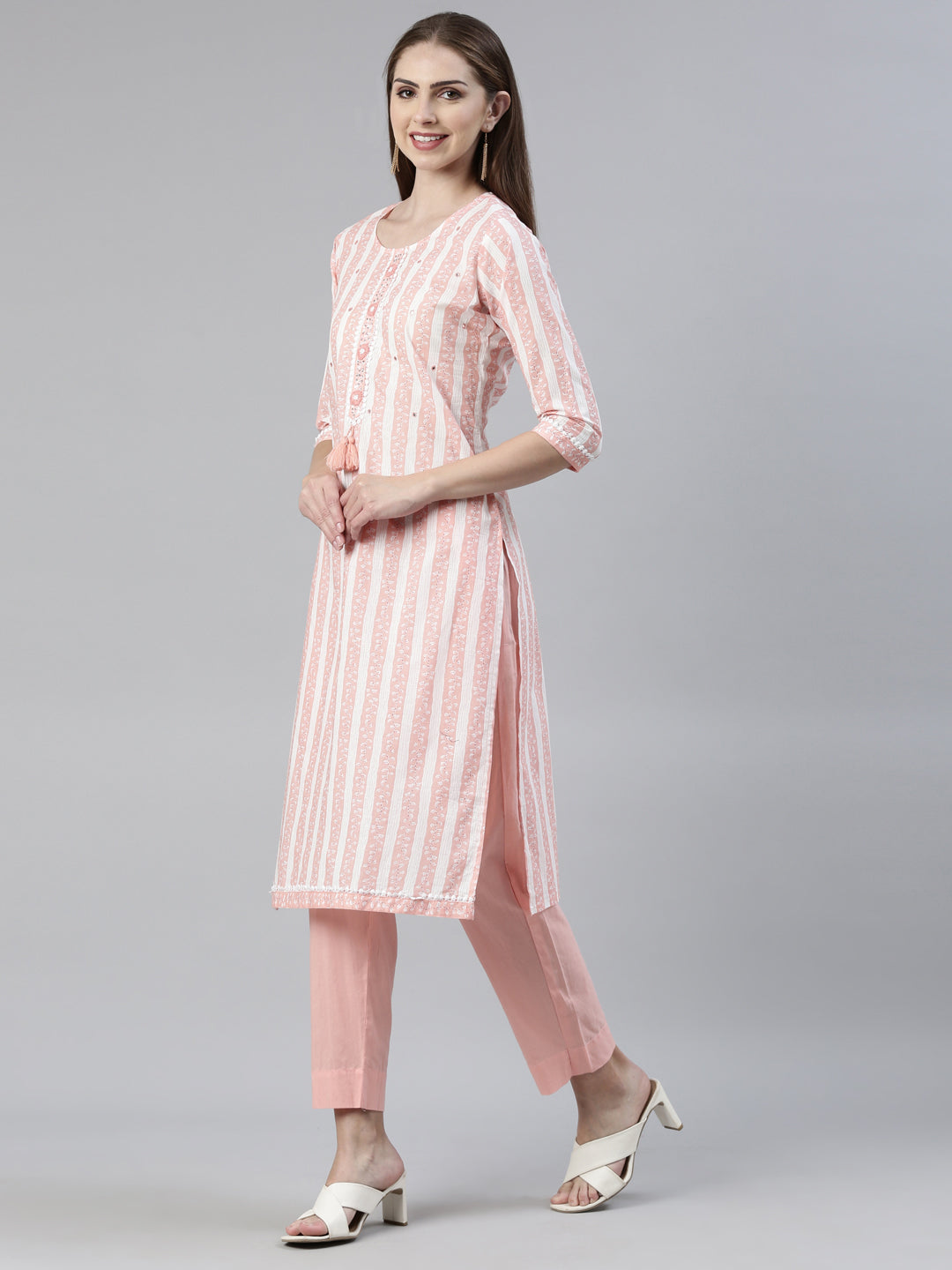 Neerus Peach Regular Knee Length Solid Kurta Solid Trousers With Dupatta