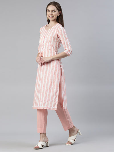 Neerus Peach Regular Knee Length Solid Kurta Solid Trousers With Dupatta