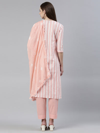 Neerus Peach Regular Knee Length Solid Kurta Solid Trousers With Dupatta