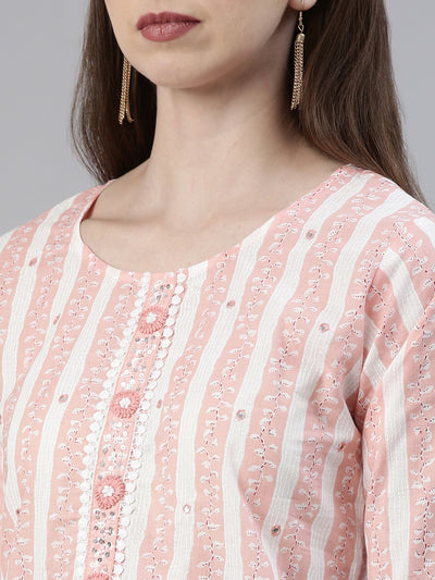 Neerus Peach Regular Knee Length Solid Kurta Solid Trousers With Dupatta