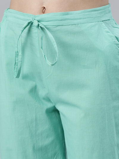 Neeru's Sea Green Regular Knee Length Solid Kurta Solid Trousers With Dupatta