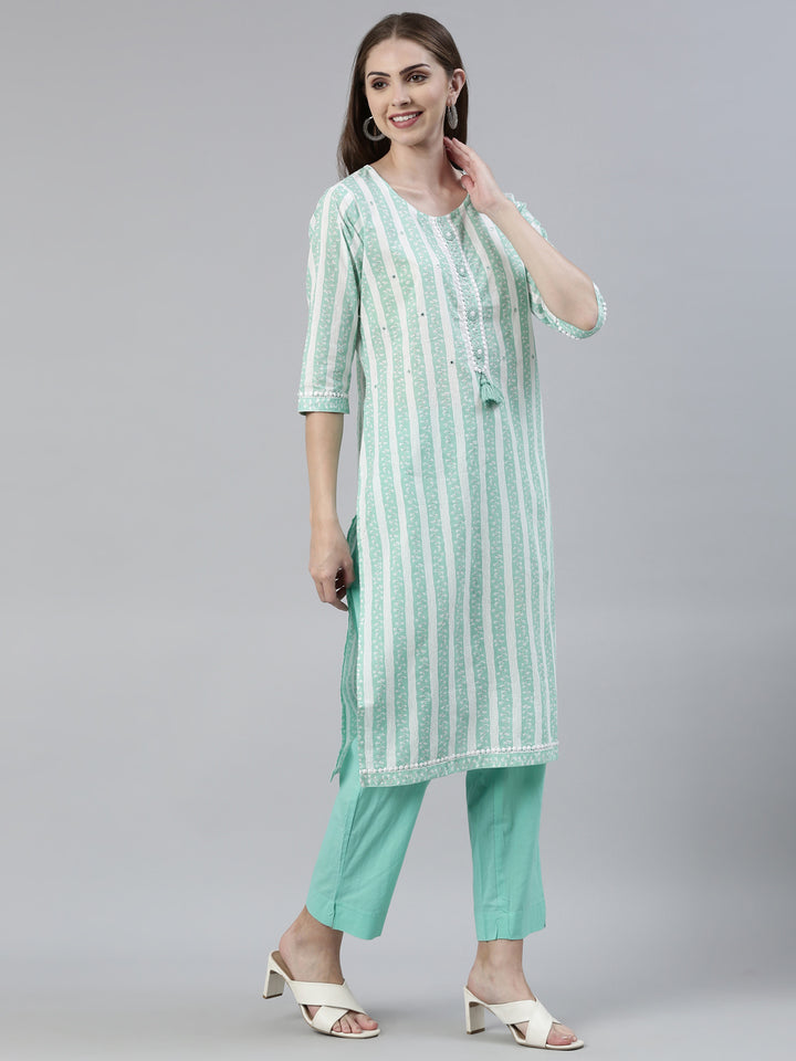 Neerus Sea Green Regular Knee Length Solid Kurta Solid Trousers With Dupatta