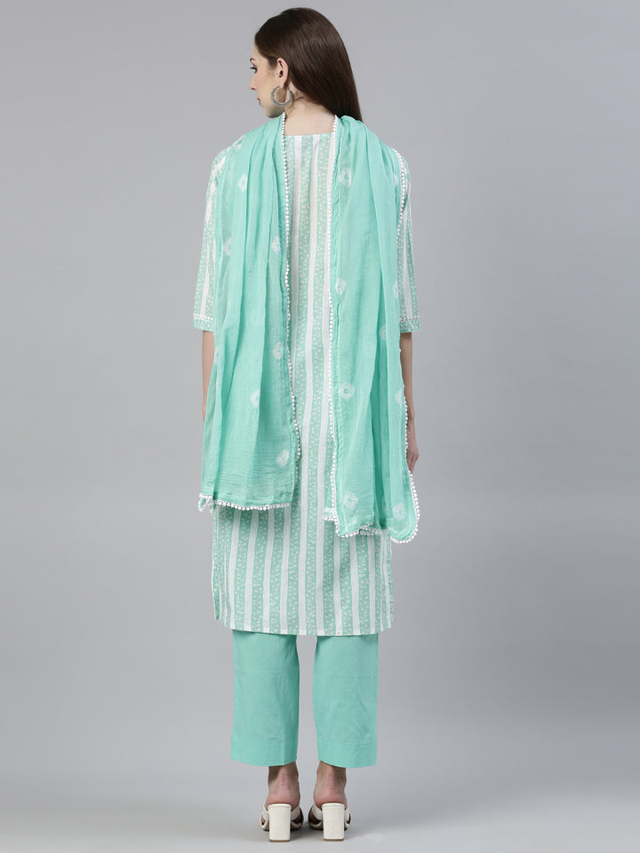 Neerus Sea Green Regular Knee Length Solid Kurta Solid Trousers With Dupatta