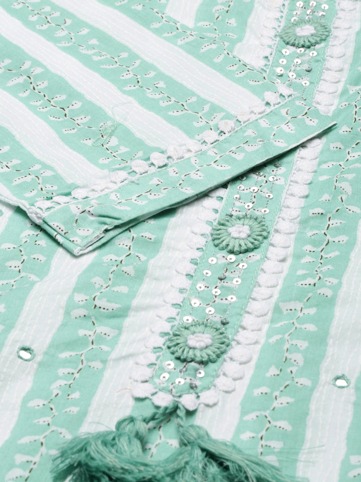 Neerus Sea Green Regular Knee Length Solid Kurta Solid Trousers With Dupatta