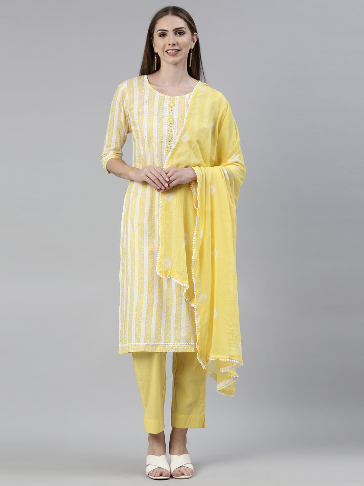 Neerus Yellow Regular Knee Length Solid Kurta Solid Trousers With Dupatta