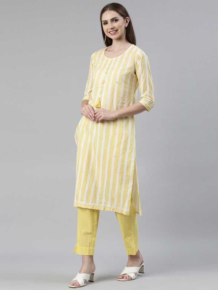 Neerus Yellow Regular Knee Length Solid Kurta Solid Trousers With Dupatta