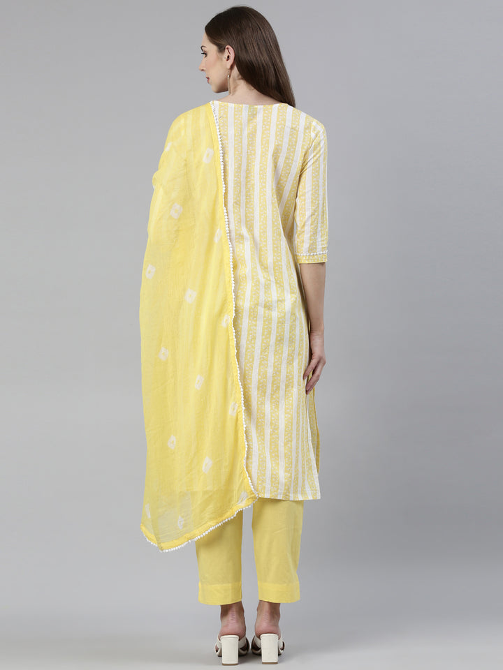 Neerus Yellow Regular Knee Length Solid Kurta Solid Trousers With Dupatta