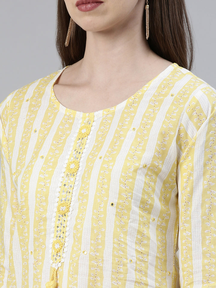 Neerus Yellow Regular Knee Length Solid Kurta Solid Trousers With Dupatta