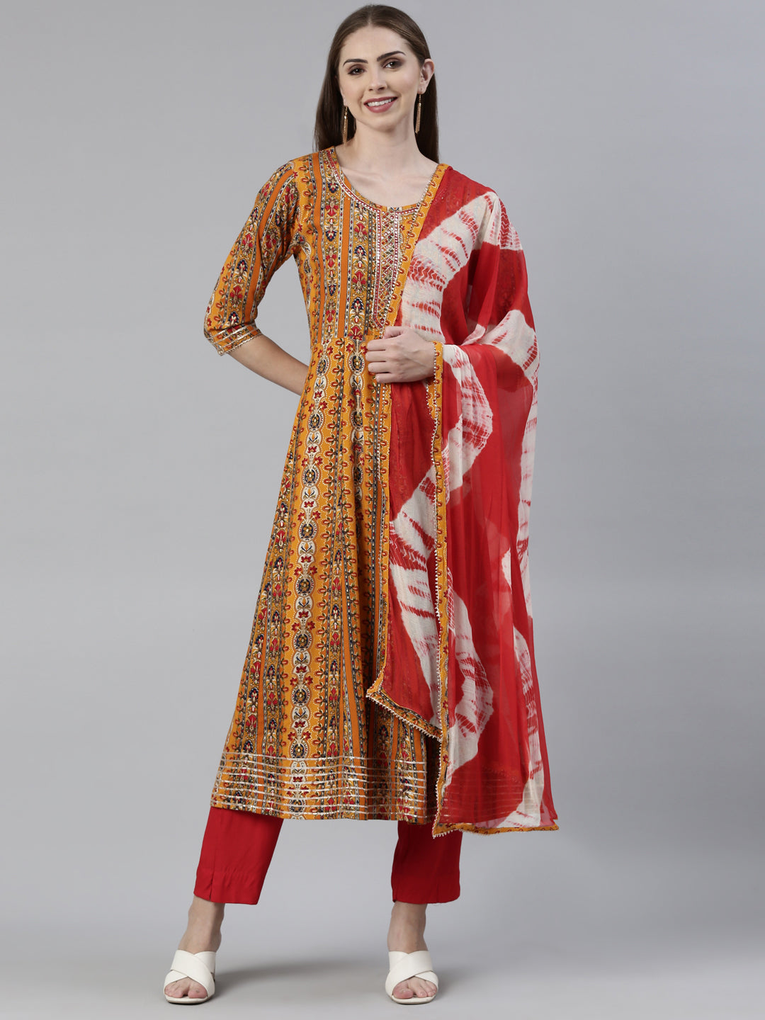 Neerus Mustard Regular Knee Length Printed Kurta Solid Trousers With Dupatta