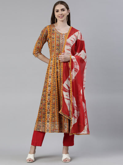 Neerus Mustard Regular Knee Length Printed Kurta Solid Trousers With Dupatta