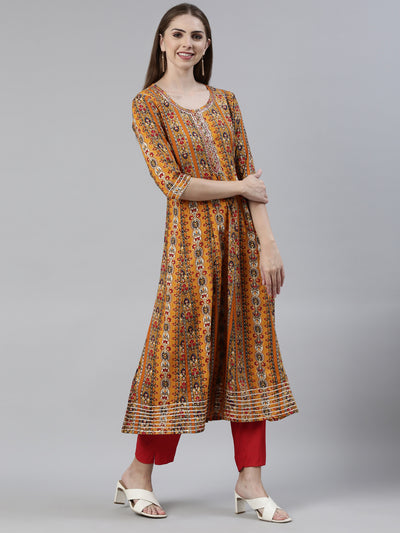 Neerus Mustard Regular Knee Length Printed Kurta Solid Trousers With Dupatta