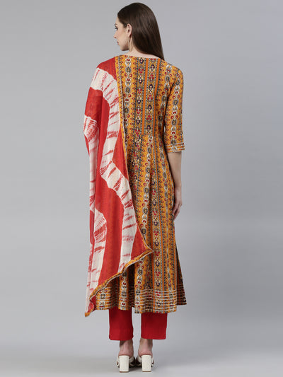 Neerus Mustard Regular Knee Length Printed Kurta Solid Trousers With Dupatta