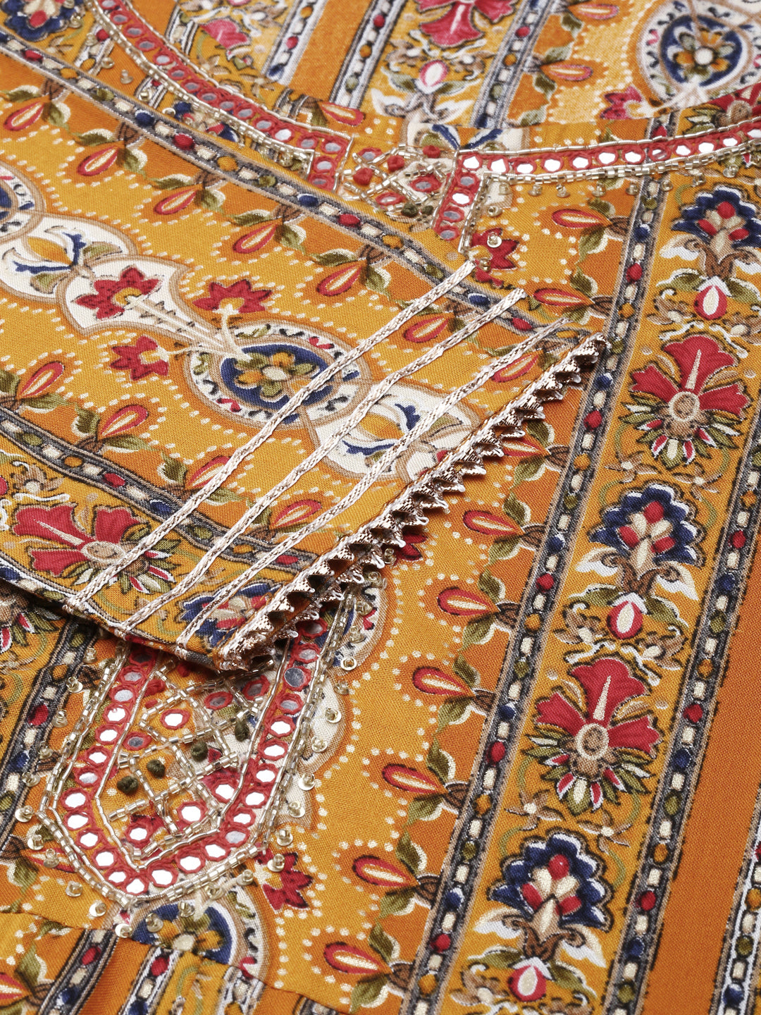 Neerus Mustard Regular Knee Length Printed Kurta Solid Trousers With Dupatta