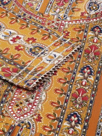 Neerus Mustard Regular Knee Length Printed Kurta Solid Trousers With Dupatta