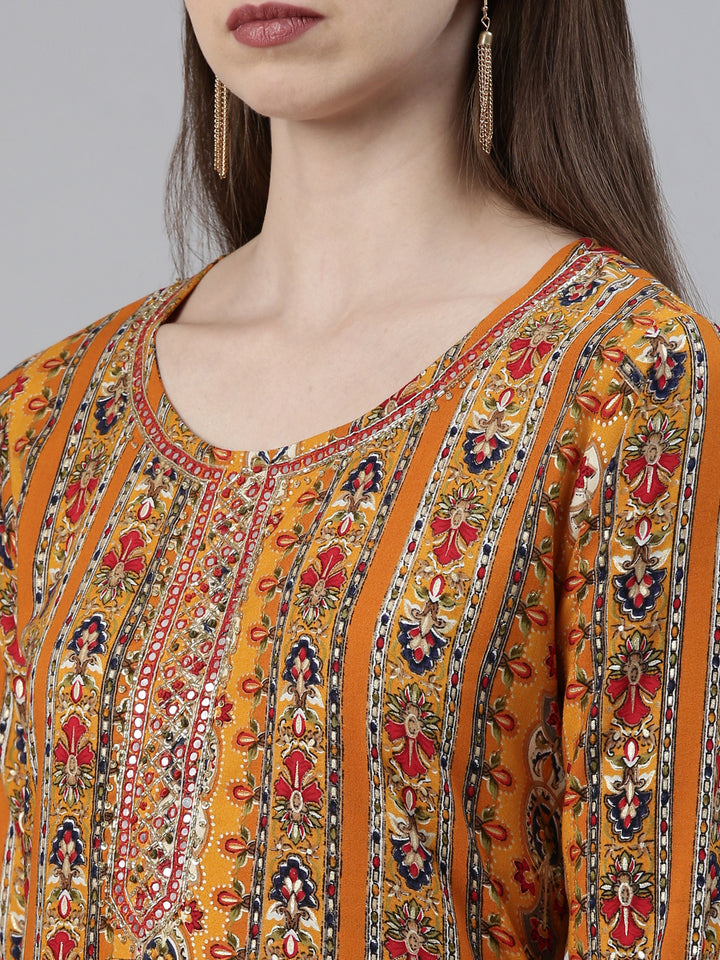 Neerus Yellow Viscose Rayon Printed Anarkali Kurta Set - detail view 1