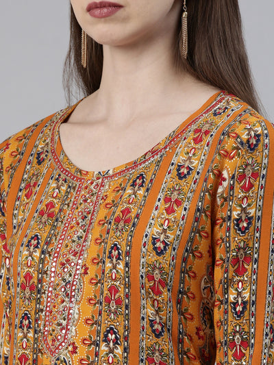 Neerus Mustard Regular Knee Length Printed Kurta Solid Trousers With Dupatta
