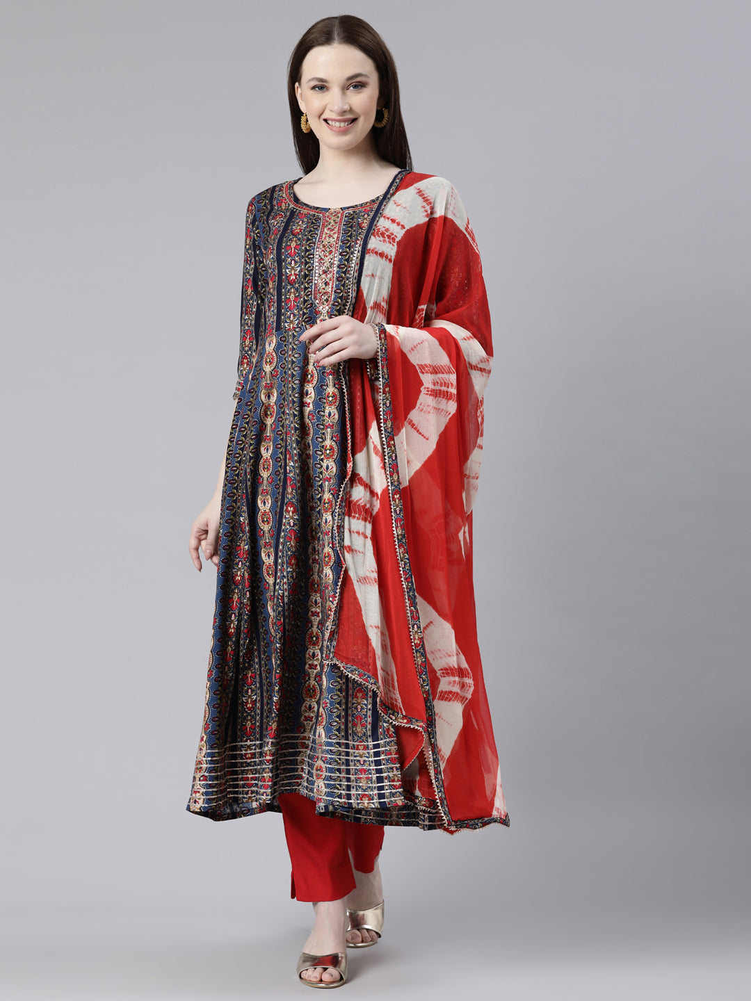 Neerus Navy Blue Regular Knee Length Printed Kurta Solid Trousers With Dupatta