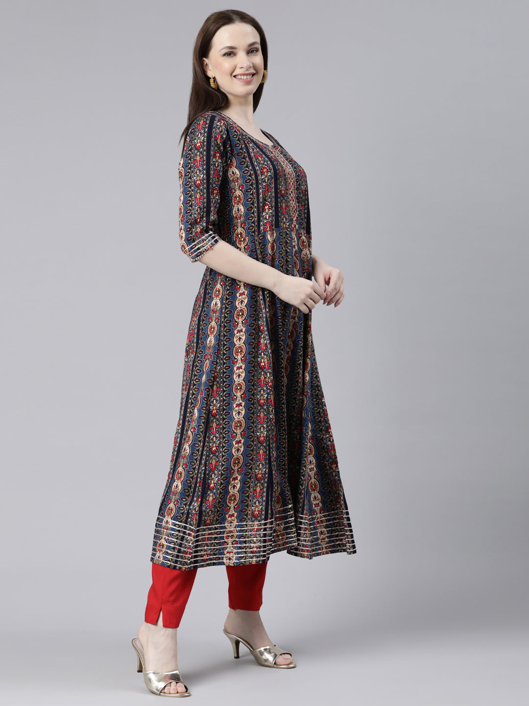 Neerus Navy Blue Regular Knee Length Printed Kurta Solid Trousers With Dupatta