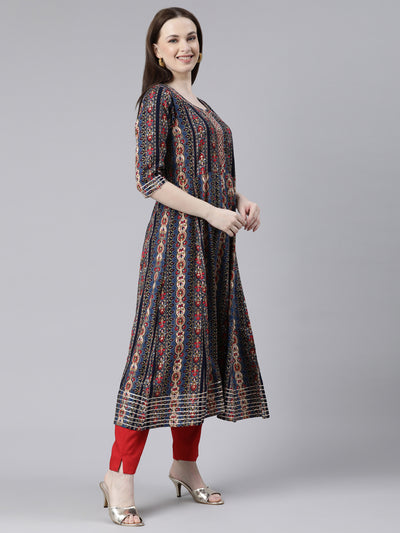 Neerus Navy Blue Regular Knee Length Printed Kurta Solid Trousers With Dupatta
