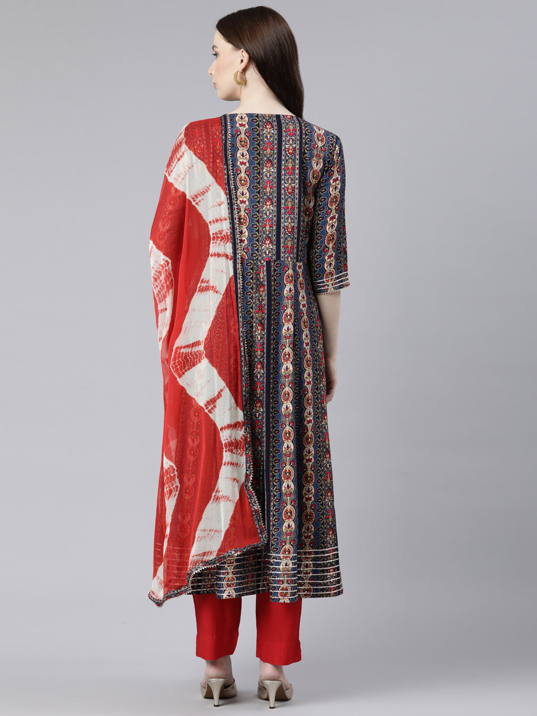 Neerus Navy Blue Regular Knee Length Printed Kurta Solid Trousers With Dupatta