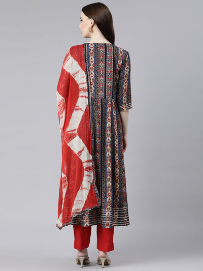 Neerus Navy Blue Regular Knee Length Printed Kurta Solid Trousers With Dupatta