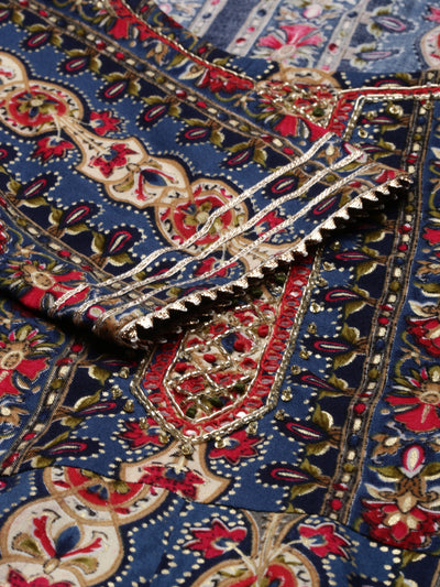 Neerus Navy Blue Regular Knee Length Printed Kurta Solid Trousers With Dupatta
