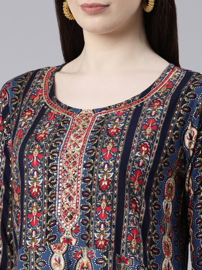 Neerus Navy Blue Regular Knee Length Printed Kurta Solid Trousers With Dupatta