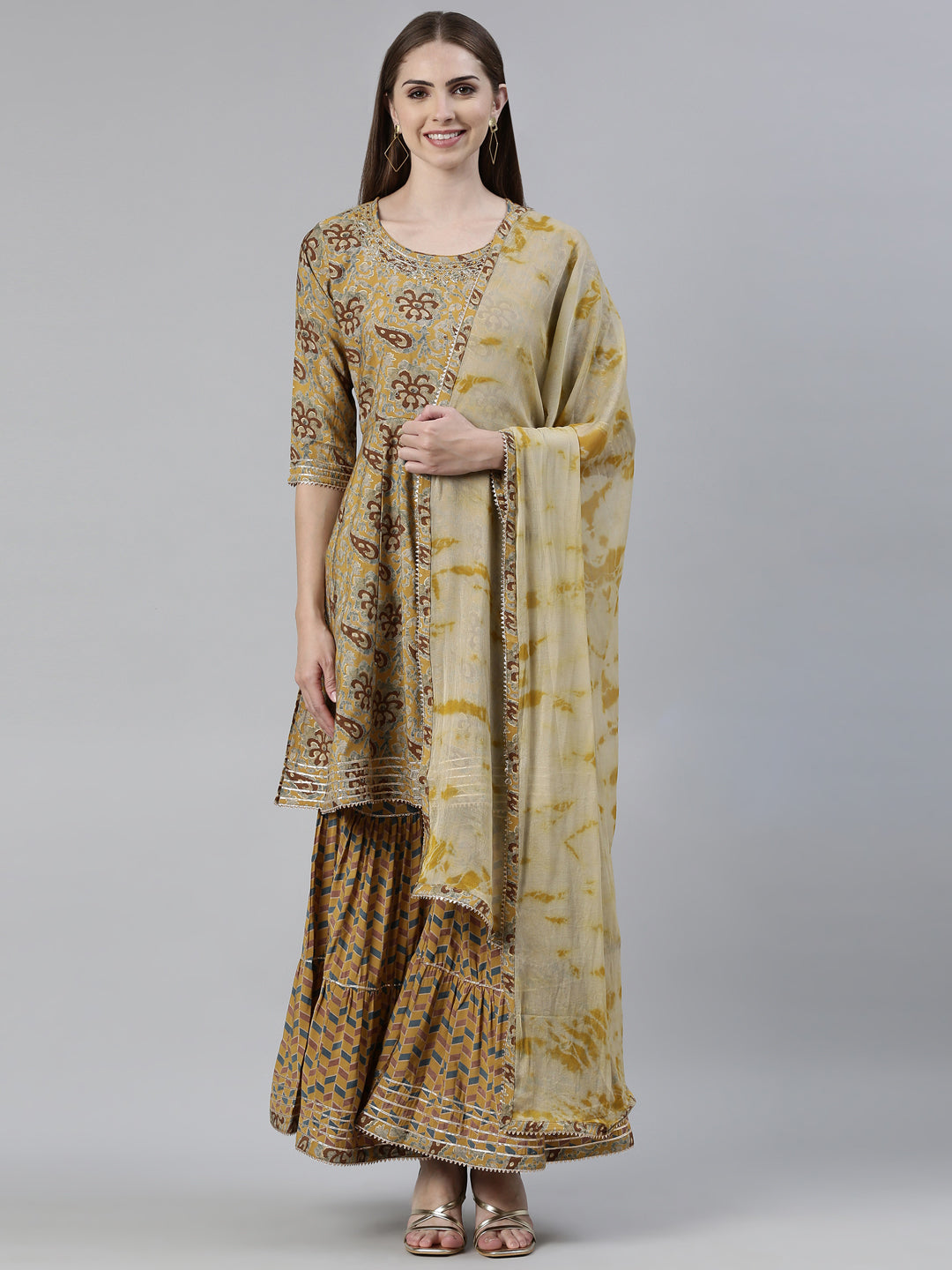 Neerus Yellow Viscose Rayon Printed Kurta Set with Sharara and Dupatta - front view