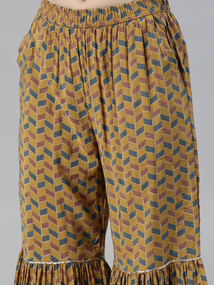 Neerus Yellow Viscose Rayon Printed Kurta Set with Sharara and Dupatta - detail view 3