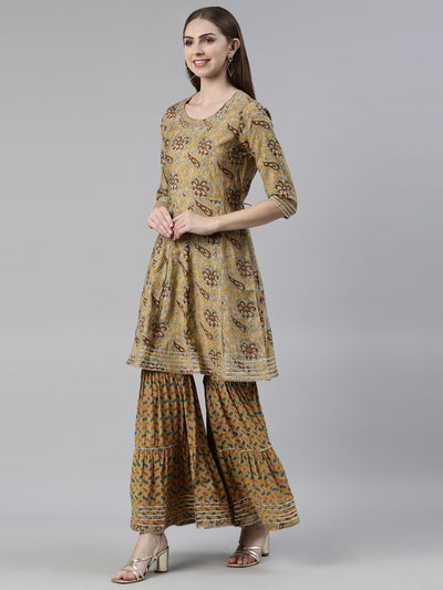 Neeru's Mustard Regular Calf Length Printed Kurta Printed Sharara With Dupatta