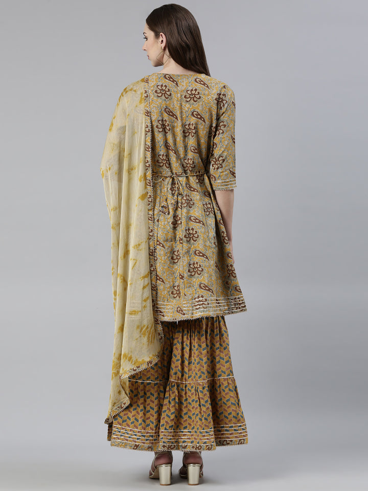 Neerus Yellow Viscose Rayon Printed Kurta Set with Sharara and Dupatta - side view