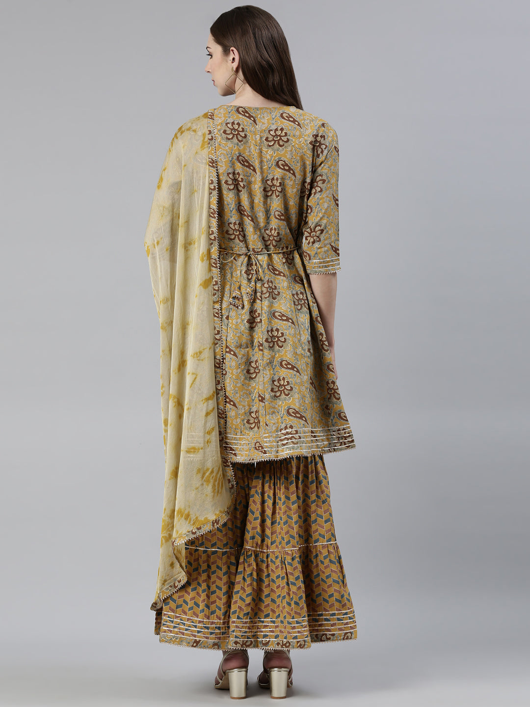 Neeru's Mustard Regular Calf Length Printed Kurta Printed Sharara With Dupatta