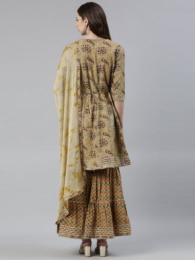 Neeru's Mustard Regular Calf Length Printed Kurta Printed Sharara With Dupatta