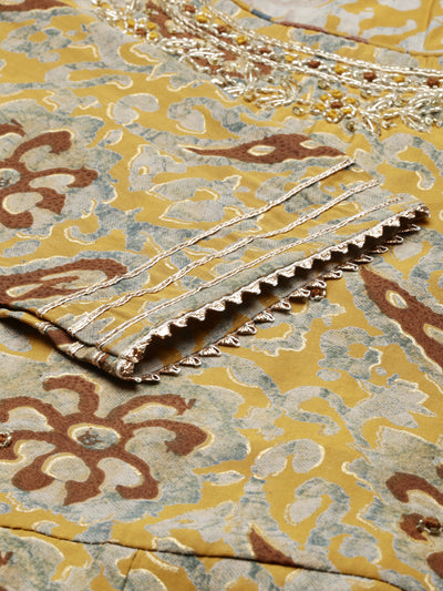 Neeru's Mustard Regular Calf Length Printed Kurta Printed Sharara With Dupatta