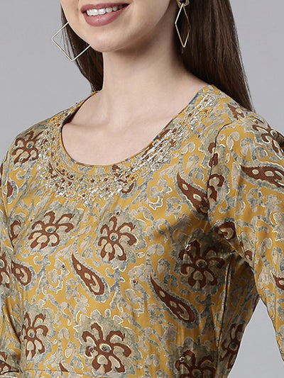 Neeru's Mustard Regular Calf Length Printed Kurta Printed Sharara With Dupatta