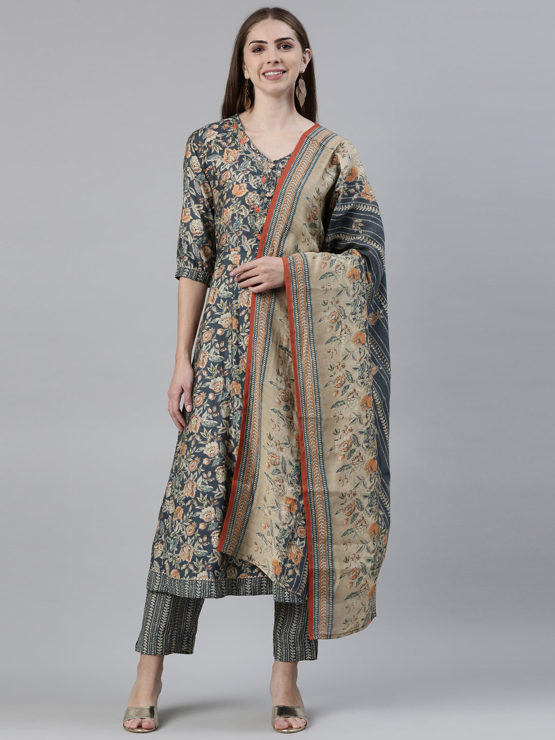 Neerus Grey Regular Knee Length Printed Kurta Printed Trousers With Dupatta