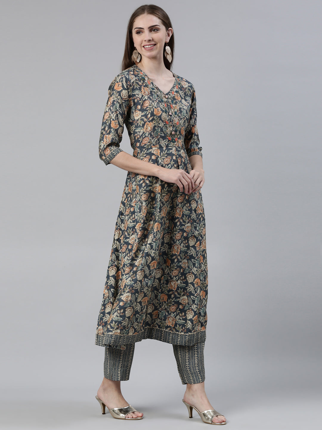 Neerus Grey Regular Knee Length Printed Kurta Printed Trousers With Dupatta