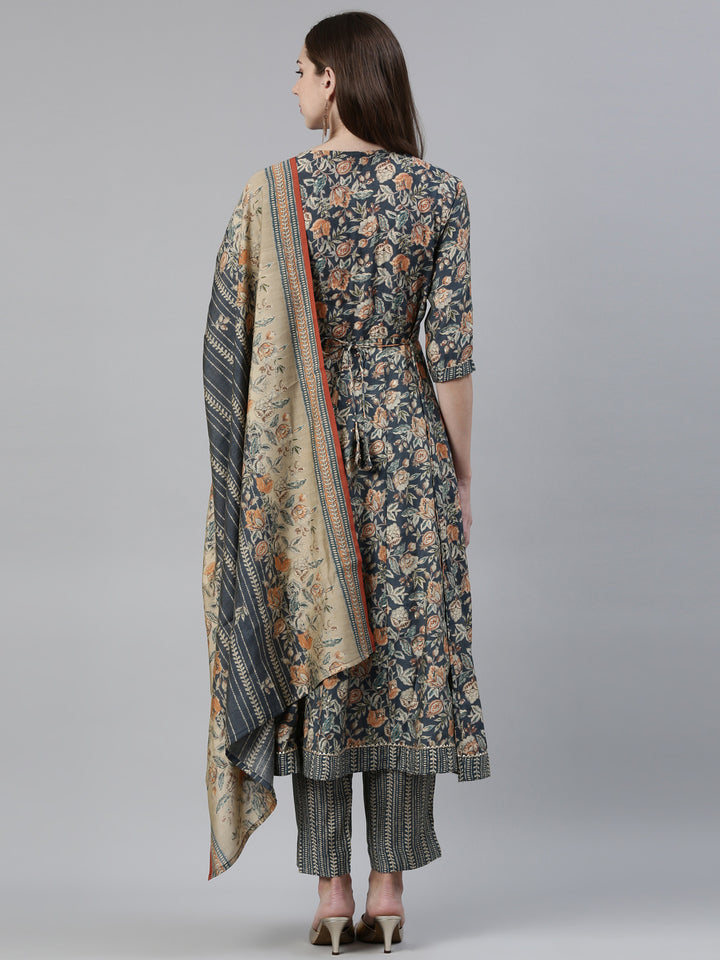 Neerus Grey Regular Knee Length Printed Kurta Printed Trousers With Dupatta