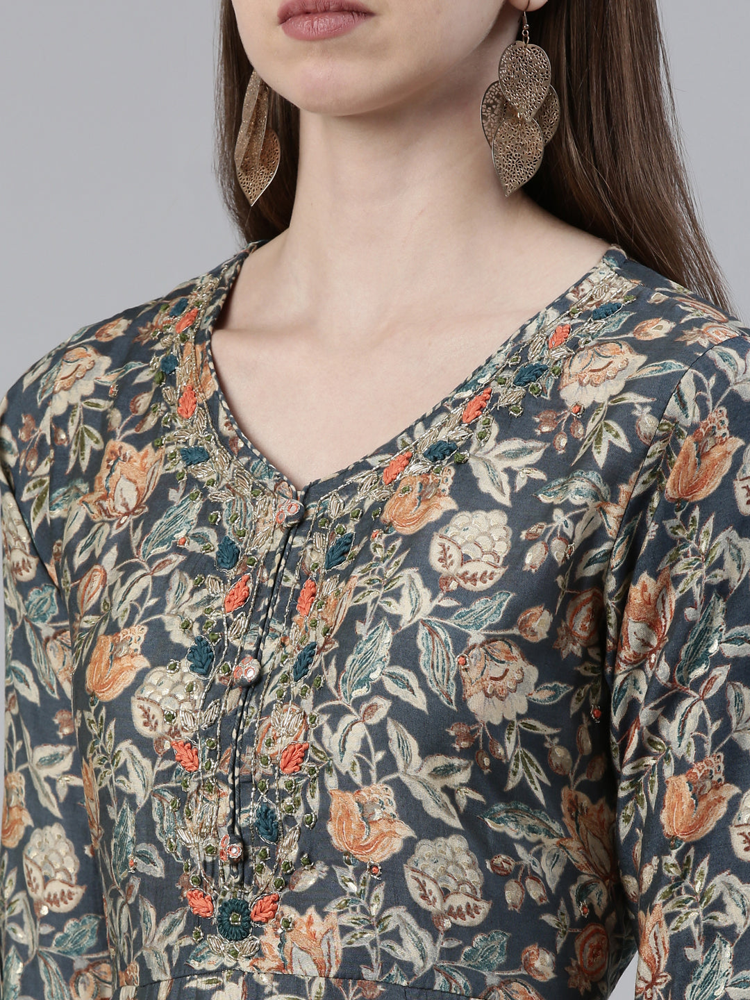 Neerus Grey Regular Knee Length Printed Kurta Printed Trousers With Dupatta